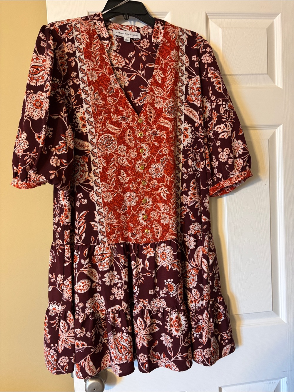 Emma & Michele Burgundy and Rust Floral V-Neck Tiered Mini Dress